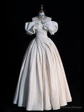 White Satin Off the Shoulder Pleats Floor Length Wedding Dress